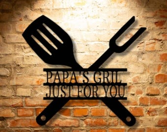 Letrero de acero con monograma de utensilios de parrilla personalizados - Decoración de pared para cocina