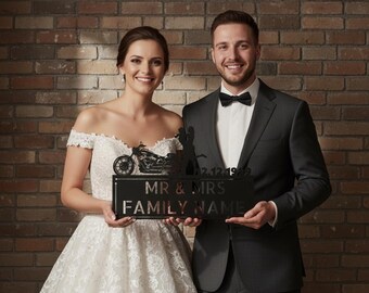 Letrero de boda de moto personalizado, arte mural de aniversario de pareja de motociclistas