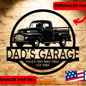 CUSTOMIZED GARAGE SIGN Monogram Wall Art Personalized Car Ford F 100  1948-1952 Monogram Steel Sign Garage Wall Decor