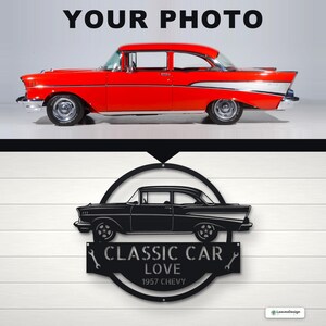 May include: A black metal wall sign featuring a silhouette of a 1957 Chevrolet car inside a circular frame. Below the car, a rectangular plaque displays the text CLASSIC CAR LOVE and 1957 CHEVY, flanked by two small wrench icons on each side.