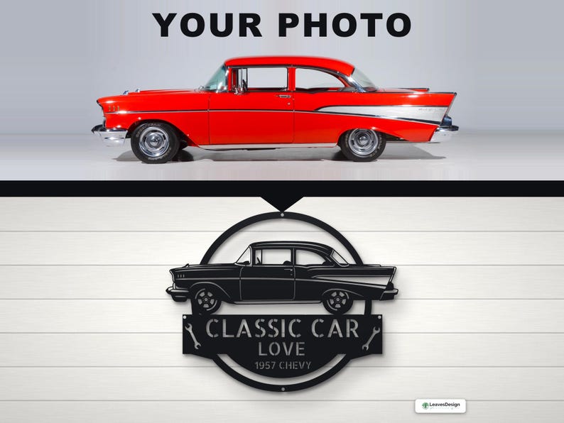 May include: A black metal wall sign featuring a silhouette of a 1957 Chevrolet car inside a circular frame. Below the car, a rectangular plaque displays the text CLASSIC CAR LOVE and 1957 CHEVY, flanked by two small wrench icons on each side.