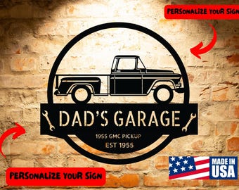 Letrero metálico personalizado de camioneta GMC de 1955: Decoración de garaje para amantes de los autos.