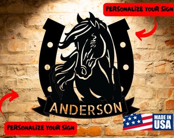 Personalized Horseshoe Metal Sign: Family Name Monogram, Horse Lover Decor