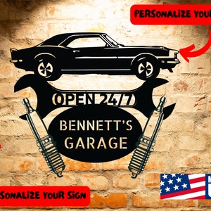 May include: Black metal sign with a silhouette of a classic car, wrenches, and spark plugs. The sign reads "Open 24/7 Bennett's Garage" and "Made in USA".