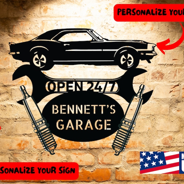 GARAGE CAR SIGN Monogram Steel Sign Personalize Bennetts Camaro 1967 Car Monogram Wall Art Home Decor Fathers Day Gift