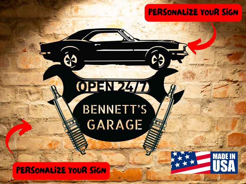 May include: Black metal sign with a silhouette of a classic car, wrenches, and spark plugs. The sign reads "Open 24/7 Bennett's Garage" and "Made in USA".