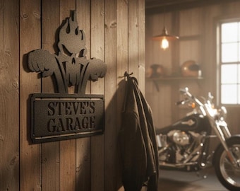 Skull and Pistons Garage Sign, Personalized Mechanic Metal Wall Art, Custom Name, Powder Coated Steel, Gift for Dad