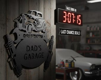 Dad’s Garage Metal Sign – Personalized Hot Rod Car Wall Art