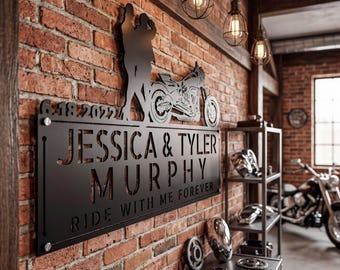 Personalized Biker Couple Metal Sign – Custom Motorcycle Anniversary Gift, Garage Wall Art