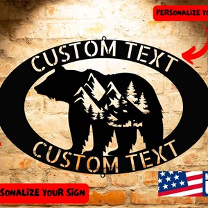 BEAR FOREST SIGN, Customized Bear and Forest Steel Monogram Wall Art Home Decor, Mountain Pattern Steel Monogram Sign