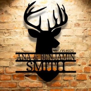 DEER HEAD SIGN Monogram Steel Sign Personalized Deer Head Monogram Wall Art Hunter Gift Family Name Home Wall Art Decor