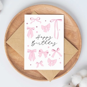 Pink Bow Birthday Card for her | happy birthday | 21st birthday gift for friend, 30th birthday card for girlfriend | teenage 13th birthday