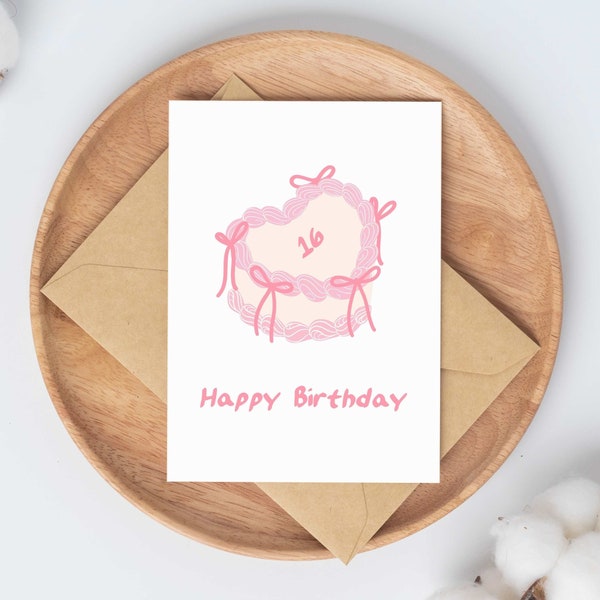 Sweet 16th Birthday Card | coquette birthday pink bow cake | teenage girl gift | sweet sixteen birthday party | cute card for granddaughter