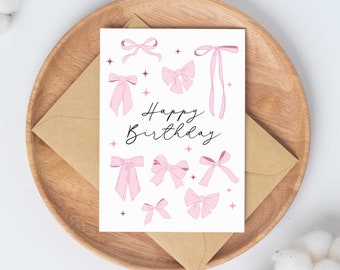 Pink Bow Birthday Card for her | happy birthday | 21st birthday gift for friend, 30th birthday card for girlfriend | teenage 13th birthday