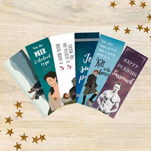 May include: Set of six colorful bookmarks featuring quotes and illustrations from the popular book series Outlander. The bookmarks are printed on cardstock and feature a variety of designs, including a man in a kilt, a woman in a dress, and a landscape.