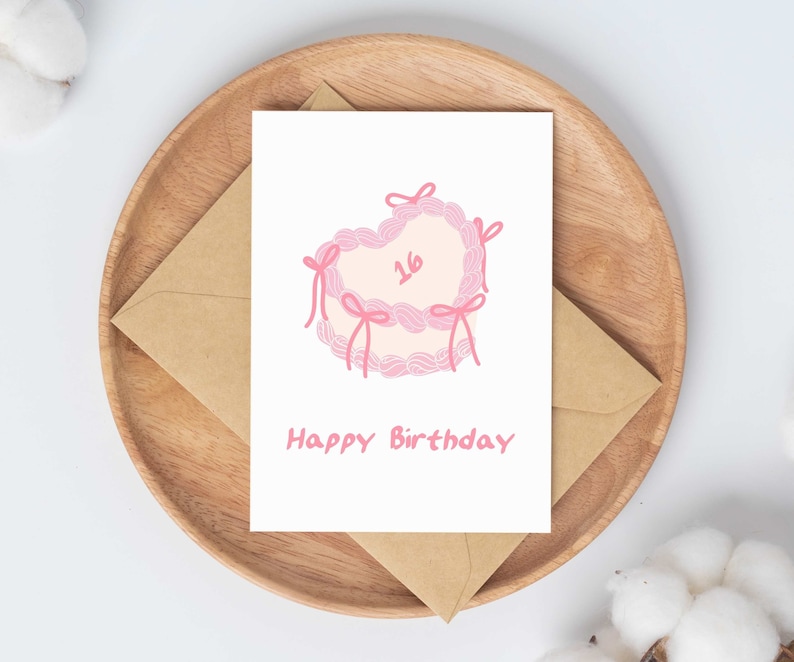 coquette 16th birthday card - "happy birthday" featuring pink bow cake
