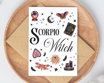 Scorpio Witch Birthday Card for her funny card / spooky halloween card / happy birthday gift for women / zodiac October November birthday