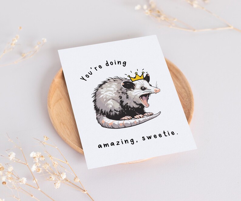 May include: A greeting card with a cartoon possum wearing a crown. The text on the card reads "You're doing amazing, sweetie."