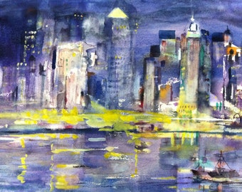 New York Skyline Night, Hudson River, Manhattan Watercolor Print, Cityscape Wall Art Painting, City Print, City Wall Art, New York Art