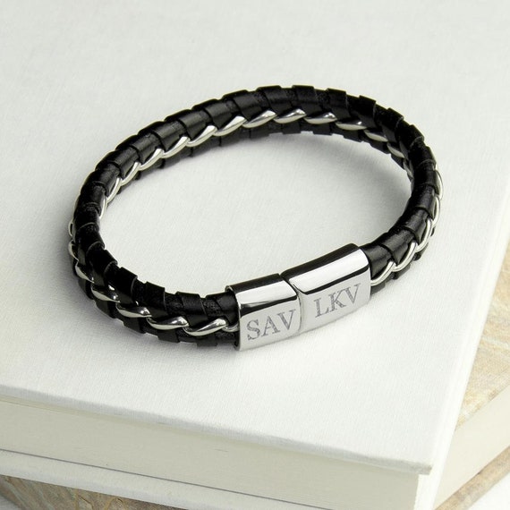 Personalised Men's Metal Detailed Leather Bracelet Gift - Etsy UK