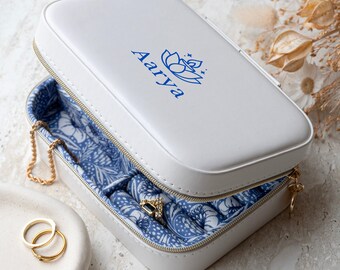Personalised Diwali White and Blue Floral Jewellery Case