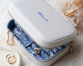 Personalised White Jewellery Case with Blue Floral Interior