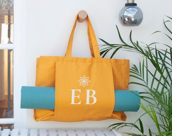 Borsa tote yoga organica con monogramma, eco-consapevole, tela di cotone, consapevolezza, sostenibile, compleanni, Natale, regali per lei, palestra, sport