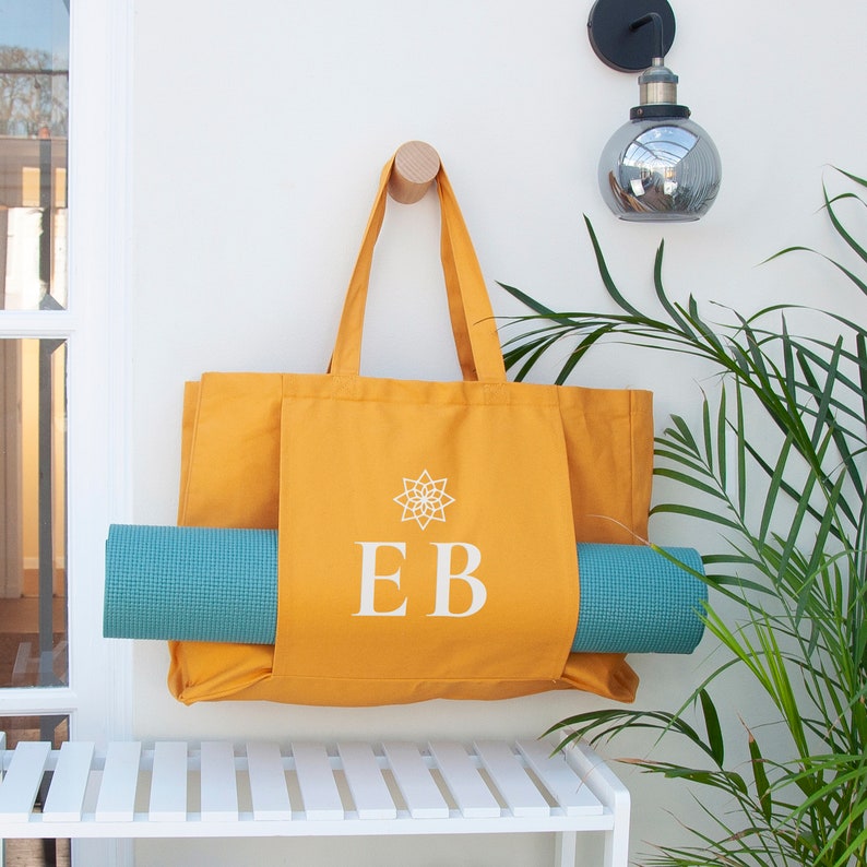 Monogrammed Organic Yoga Tote Bag, Eco-Conscious, Cotton Canvas, Mindfulness, Sustainable, Birthdays, Christmas, Gifts for Her, Gym, Sports Amber