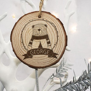 Personalised Polar Bear Rustic Wooden Christmas Tree Hanging Decoration Ornament, Engraved, Festive, Home, Family, Kids, Children, Animal