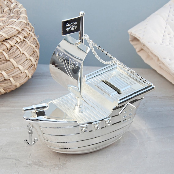 Personalised Silver Pirate Ship Piggy Money Box for Boys 