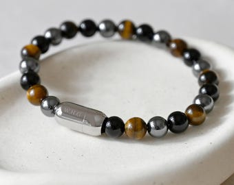Personalised Men's Hematite, Onyx and Tiger's Eye Beaded Gemstone Bracelet
