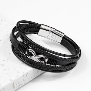 Personalised Men's Silver Infinity Black Leather Stacked Bracelet