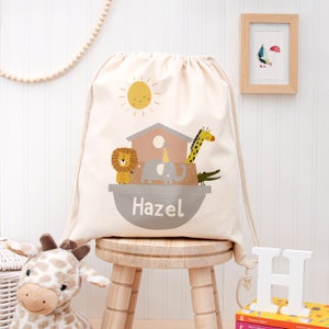 Sac de bébé personnalisé en coton arche de Noé, cadeau pour enfant, anniversaire, Noël, rentrée des classes, rentrée des classes, baptême, sac à cordon