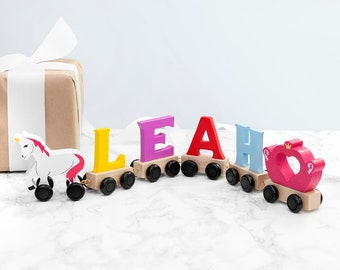 Personalised Children's Wooden Name Train - Unicorn and Fairy