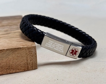 Personalisiertes medizinisches Lederarmband für Herren