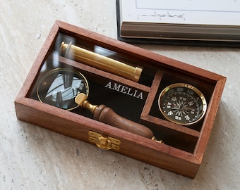 Personalised Brass Compass, Telescope and Magnifying Glass Gift Set
