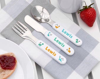 Spersonalizowany zestaw metalowych sztućców dla dzieci z dinozaurem