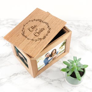 Personalised Couples' Midi Oak Photo Cube Keepsake Box With Wreath Design