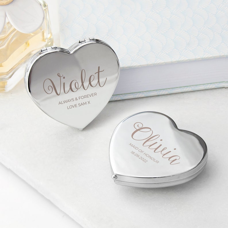 Personalised Silver Heart Compact Mirror, Gifts for Her, Valentine's, Bridesmaids, Bridal Party Wedding Thank You, Anniversaries, Christmas imagem 4