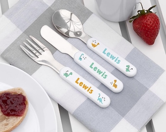Personalised Children&#39;s Cute Dinosaur Metal Cutlery Set