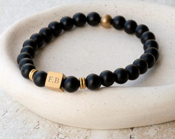 Personalised Men's Matte Black Onyx and Gold Plated Bead Bracelet