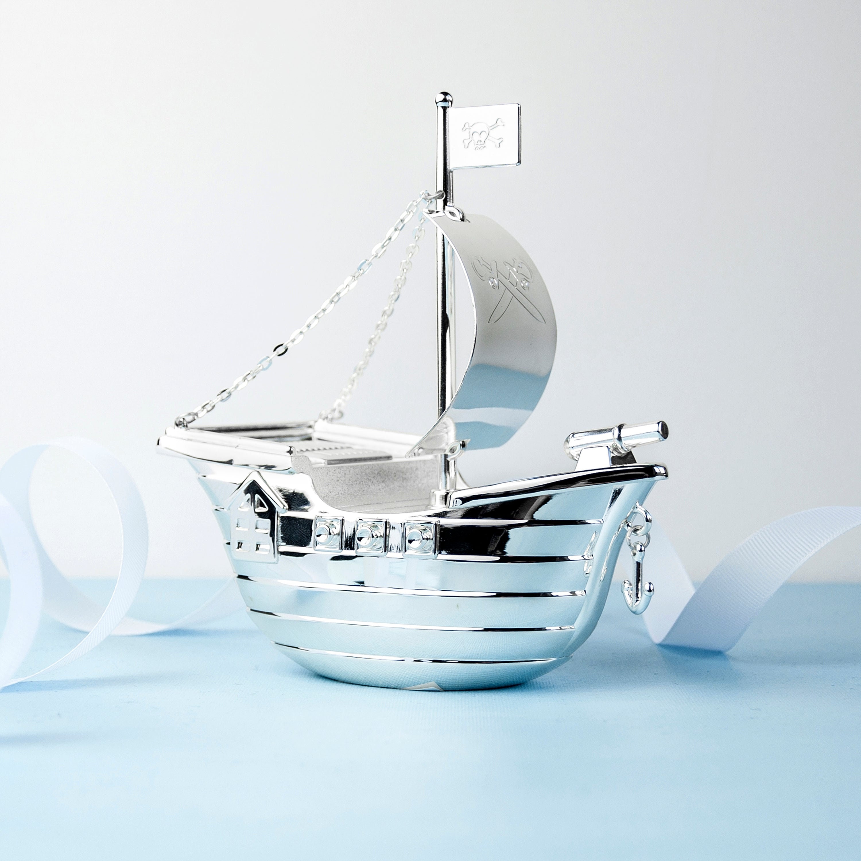 Personalised Silver Pirate Ship Piggy Money Box for Boys 