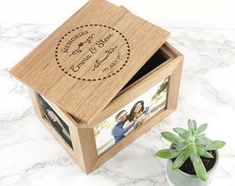 Personalised Heart Framed Couples&#39; Midi Oak Photo Cube Keepsake Box, Valentine&#39;s Day, Gift for Her, Birthdays, Girlfriend, Wife