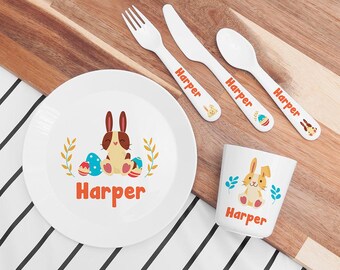 Juego de vajilla infantil personalizado con diseño de conejito de Pascua