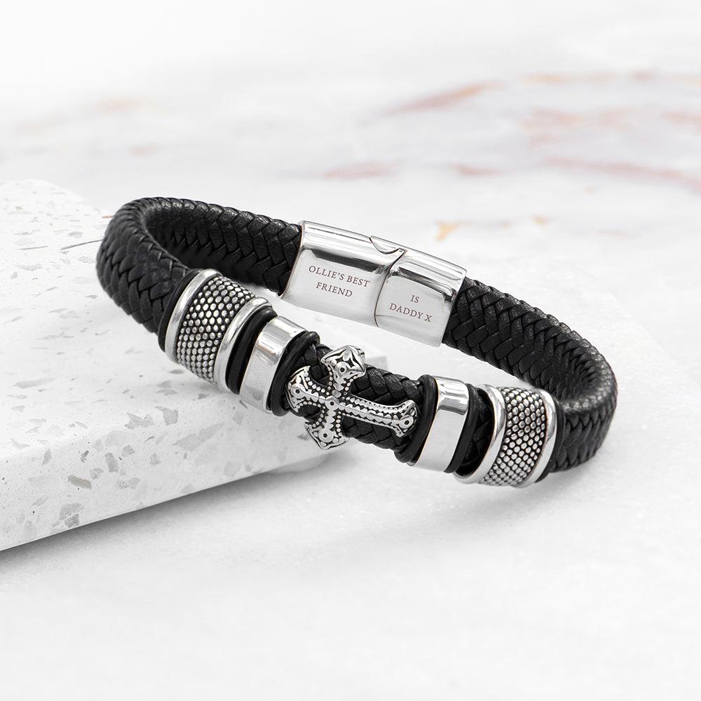 Buy Personalised Men's Gothic Cross Leather Bracelet Online in