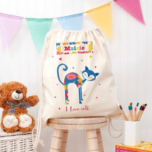 Sac de chambre en coton personnalisé I Love Pets, pour enfants, coton, salle de sport, école, anniversaire, Noël, rentrée des classes, chat, chien, sac à cordon