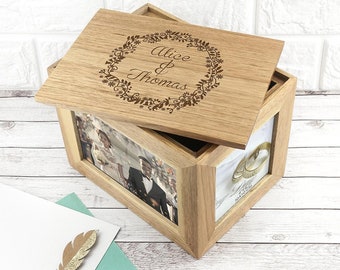 Personalised Floral Framed Couples&#39; Midi Oak Photo Cube Keepsake Box, Valentine&#39;s Day, Gift for Her, Wedding, Anniversary
