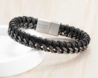 Personalised Men's Woven Leather and Stainless Steel Bracelet
