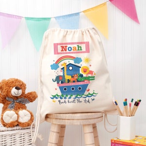 Trousse personnalisée en coton arche de Noé PE pour enfant, salle de sport, école, anniversaires, Noël, rentrée des classes, sac à cordon, baptême