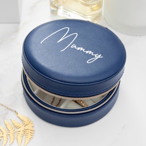 Personalised Midnight Blue Round Jewellery Case, Mother&#39;s Day, Gifts for Her, Gifts for Mums, Birthday Gifts, PU Leather, Travel, Storage